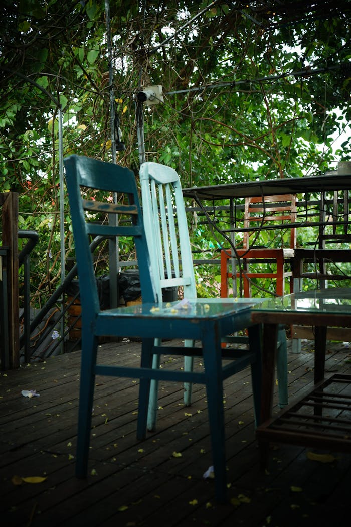 Vintage wooden chairs on a cozy outdoor patio surrounded by lush greenery, creating a serene summer atmosphere.