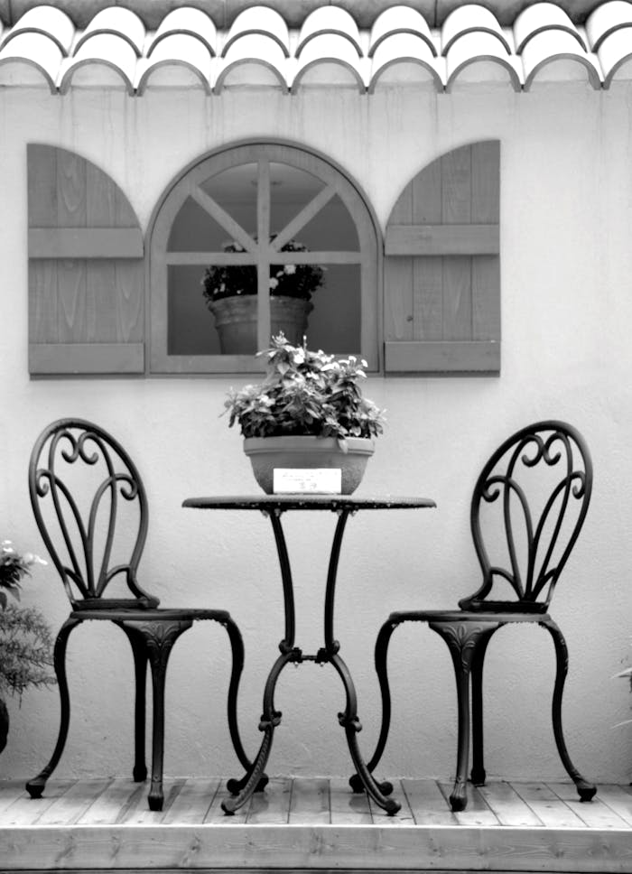 Elegant black and white patio scene featuring wrought iron chairs and table.