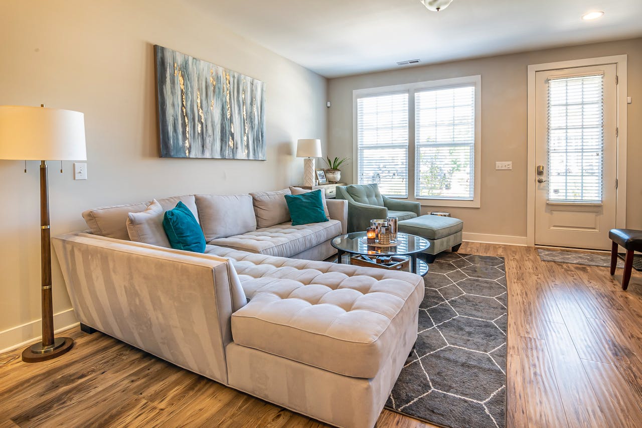 Bright minimalist living room with modern furniture and elegant decor, embracing a cozy atmosphere.
